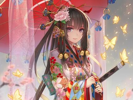 #4534336 hair ornament, umbrella, anime girls, kimono, long hair, Japanese cloth
