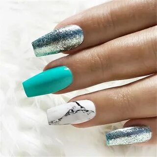 70+ Attractive Acrylic Green and Blue Glitter Coffin NailsTo