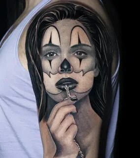 Black and grey Chicano clown girl tattoo portrait Alo Loco t