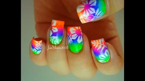 Summer Neons, Hawaiian Tropical Print Nail Design - YouTube