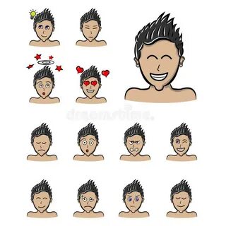 Spiky Hair Style Man Emotions, Vector Boy Face Expressions C