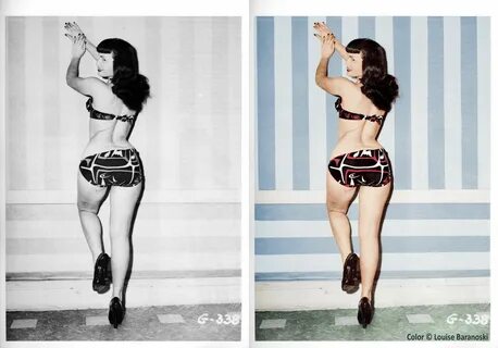 Bettie Page b&w photo taken by Irving Klaw, before and after