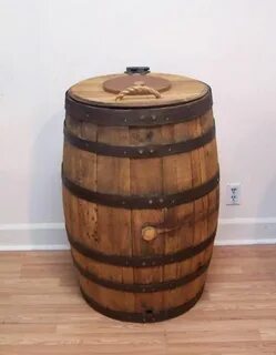 Old Whiskey Barrel Trash Can With Double Hinged Lid & Liner 