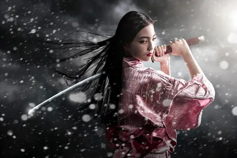 Wallpaper Samurai Girl, May, катана, кимоно, снег background