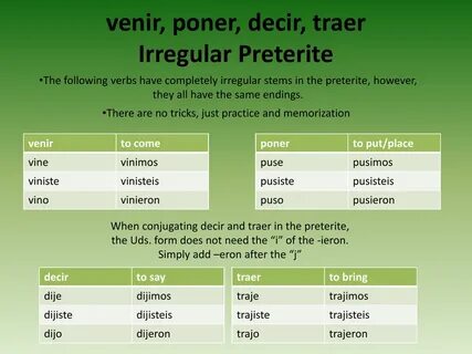 venir, poner, decir, traer Irregular Preterite