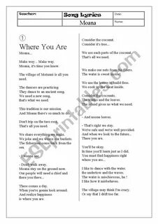 Moana Song Lyrics Handouts - ESL worksheet by shy213