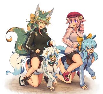 Safebooru - 4girls all fours animal ears bike shorts bit gag