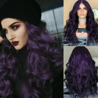 28'' Long Curly Dark Purple Wig Hair Wigs Black Fashion Heat