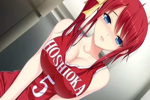Anime girl red hair heart boob window