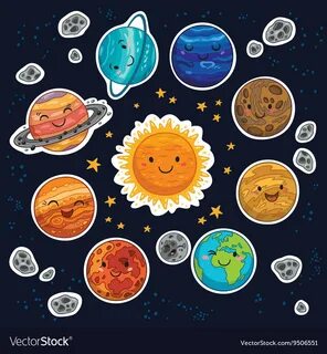Sticker set of solar system with cartoon planets Vector Imag