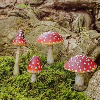 Set of Four Realistic Red Toadstool Mushroom Ornaments Ideal