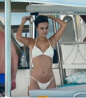 Lucy Watson in white thong bikini on a catamaran in Barbados