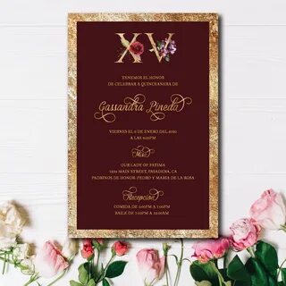 Burgundy and gold geometric Quinceanera invitations marsala 