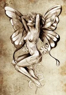 Nude fairy. Fantasy sketch of tattoo art, naked woman figure