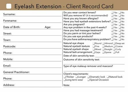 Beauty Client Card / Treatment Consultation Card Eyelash ext