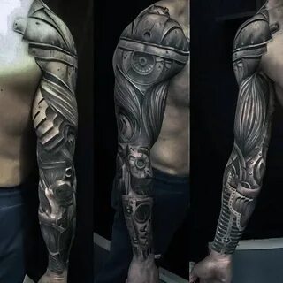 arm tattoo mann, schwarz graues sleeve tattoo mit maschinen 