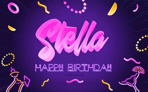 Скачать обои Happy Birthday Stella, 4k, Purple Party Backgro