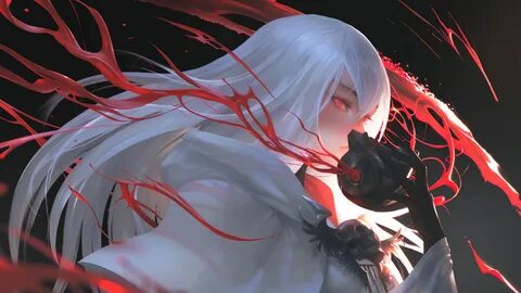 Anime Girl White Hair Red Eye Mask Art Wallpaper 4K PC Deskt