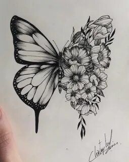 Butterfly Half Flower Drawing - Draw Sketch Out