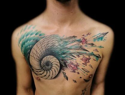 Geomertic Nautilus Shell Tattoo On Man Chest By Jay Freestyl