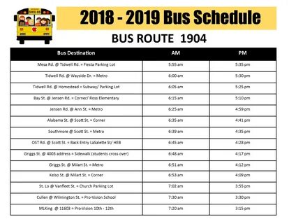 2018-2019 New Bus Schedule - 1904 - Pro-Vision Inc