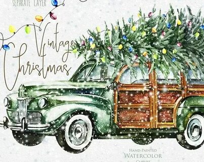 Watercolor Christmas Truck Vintage Red Pickup Pine Tree Etsy