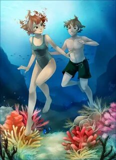 Safebooru - 1boy 1girl barefoot brown hair coral diving fish