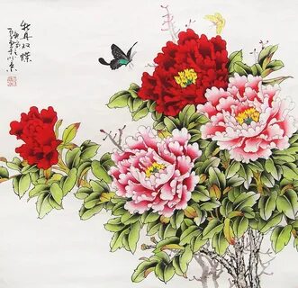 original painting oriental art chinese l art -peony with but