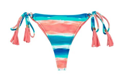 Blue And Coral Scrunch Bikini Bottom With Pompoms - Bottom U