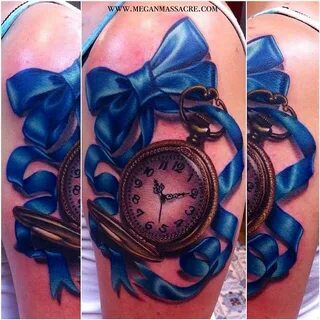 A pocket watch & Blue Ribbon Tattoo Bow tattoo, Watch tattoo