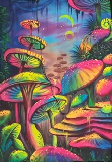 Mushrooms, Fluorescent painting, Glow in dark, UV Glow, Pain