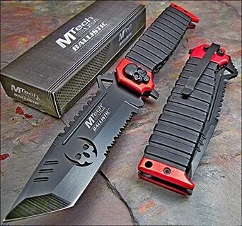 MTECH BALLISTIC RED SAWBACK TANTO SKULL FOLDER POCKET KNIFE 