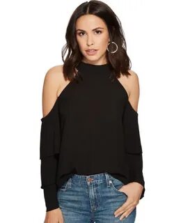 1.state Womens Black Cold Shoulder Tiered Bell Sleeves Blous