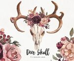 Watercolor Deer Skulls Set W/ Antlers & Flowers. Wedding Cli