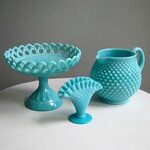 Hobnail Turquoise Blue Milk Glass Mini Fan Vase by Fenton Mi