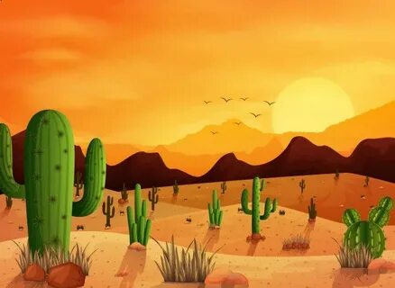 Premium Vector Desert landscape with cactus on the sunset ba
