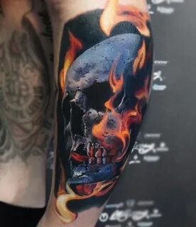 Skull & Flames Leg Tattoo Skull tattoo design, Skull tattoo,