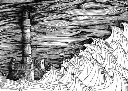 Waves hitting the lighthouse Drawing Lighthouse drawing, Art