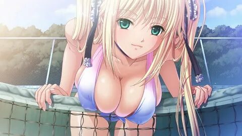 Anime blonde hair green eyes girl big boobs