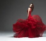 Download wallpaper girl, red, model, dress, grey background,