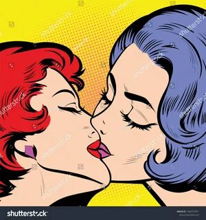 Romantic Lesbian Couple Kissing Retro Comic: стоковая вектор