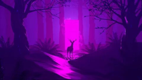 Deer Silhouette Dark Forest Purple Aesthetic Background 4K H