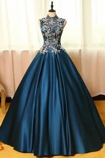 Dark blue round neck tulle lace long prom dress, bridesmaid 