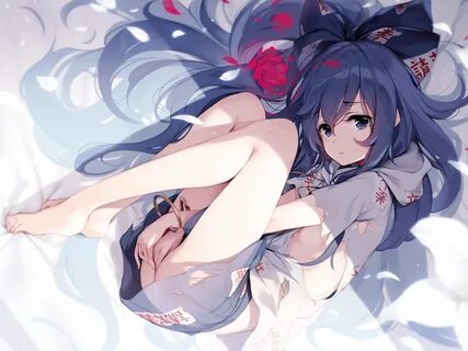 Anime Shion Yorigami Touhou Ke Ta Torn Clothes Dark Hair Blue Eyes In Bed 1...