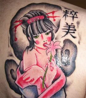 Glowing geisha tattoo on back - Tattoos Book - 65.000 Tattoo