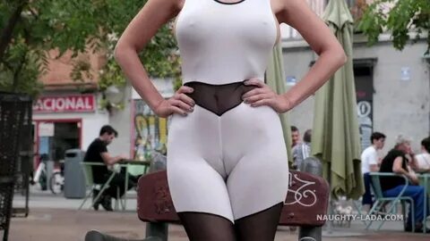 Revealing Catsuit. Camel-toe in Public