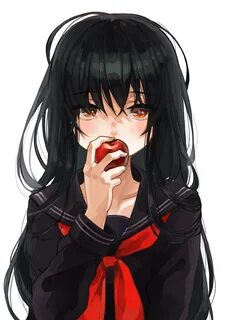 Safebooru - 1girl apple black hair blush bust covering mouth