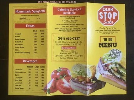 Menu at Quik Stop Subs restaurant, Moreno Valley