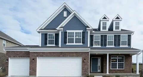 Keeneland Tudor Brick with Harbor Blue Siding, Black Shutter