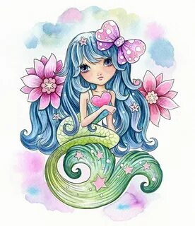Cute Mermaid - Watercolor Ilustrações florais, Sereias linda